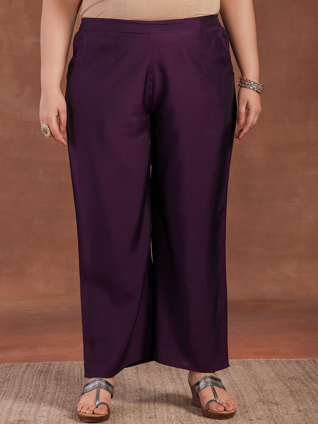 Plus Size Purple Yoke Design Silk Blend Straight Suit With Dupatta