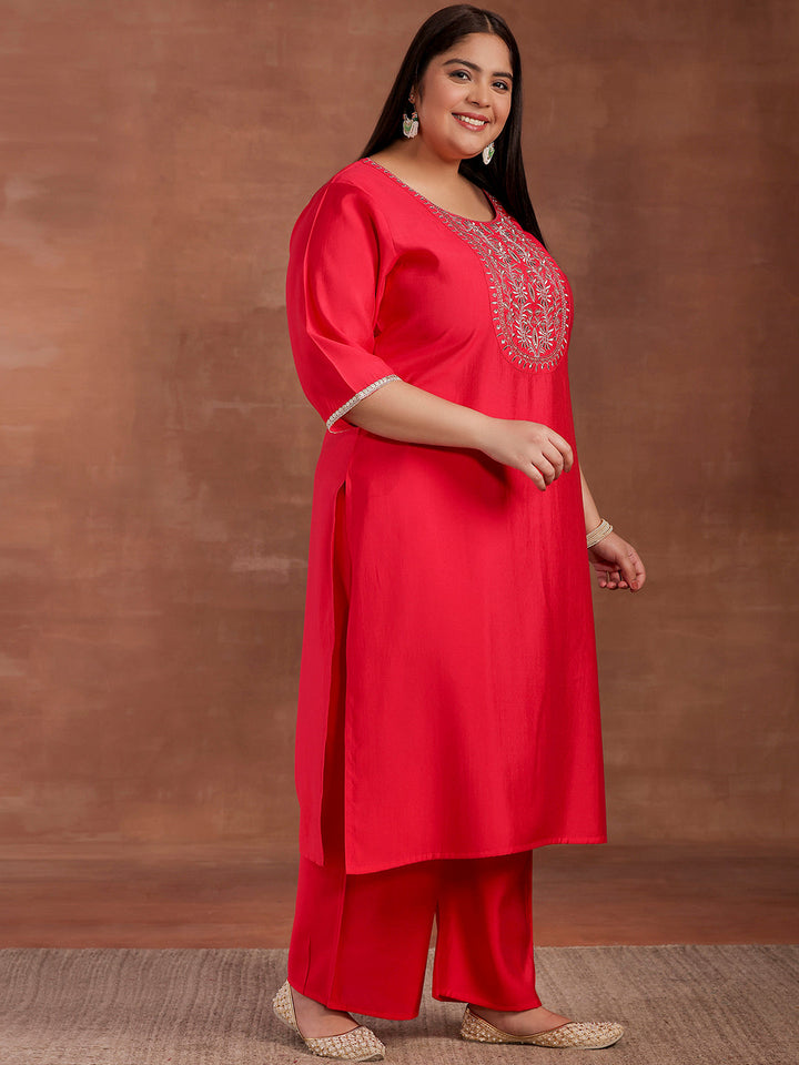 Plus Size Pink Yoke Design Silk Blend Straight Suit With Dupatta