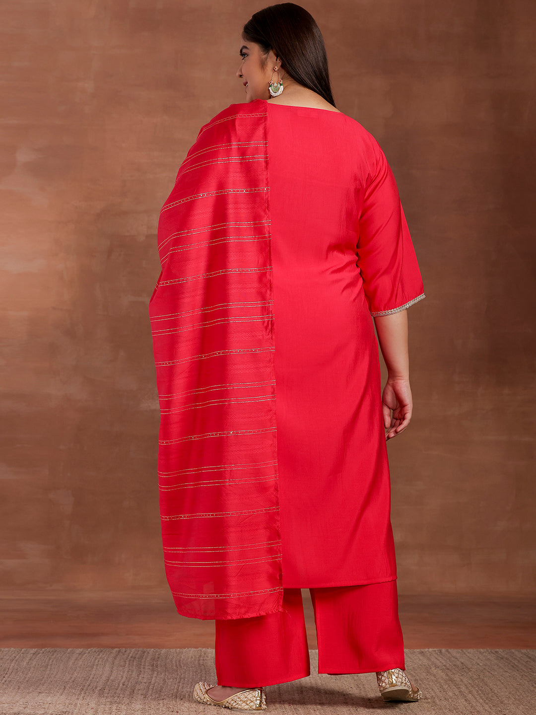 Plus Size Pink Yoke Design Silk Blend Straight Suit With Dupatta