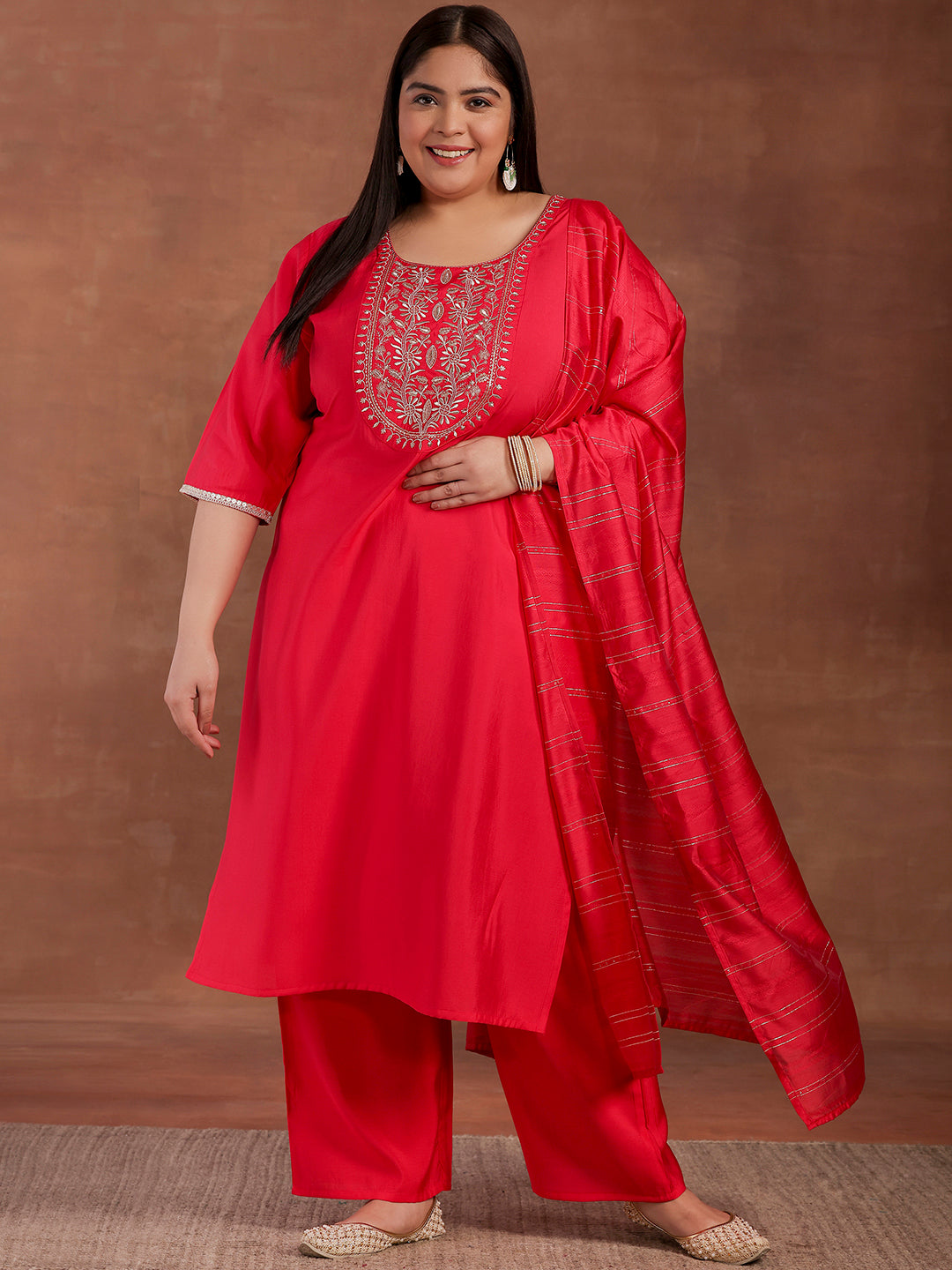 Plus Size Pink Yoke Design Silk Blend Straight Suit With Dupatta