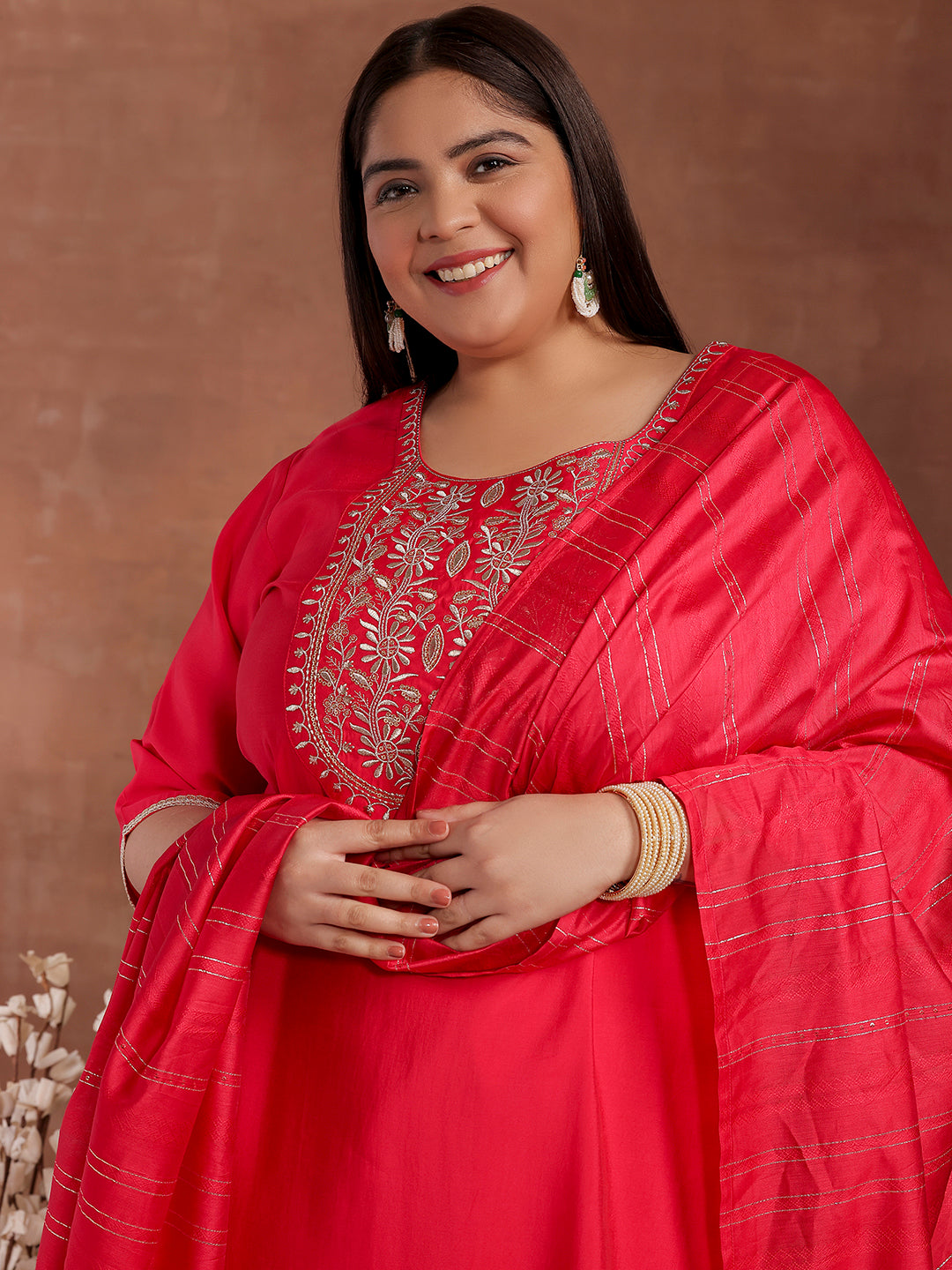 Plus Size Pink Yoke Design Silk Blend Straight Suit With Dupatta