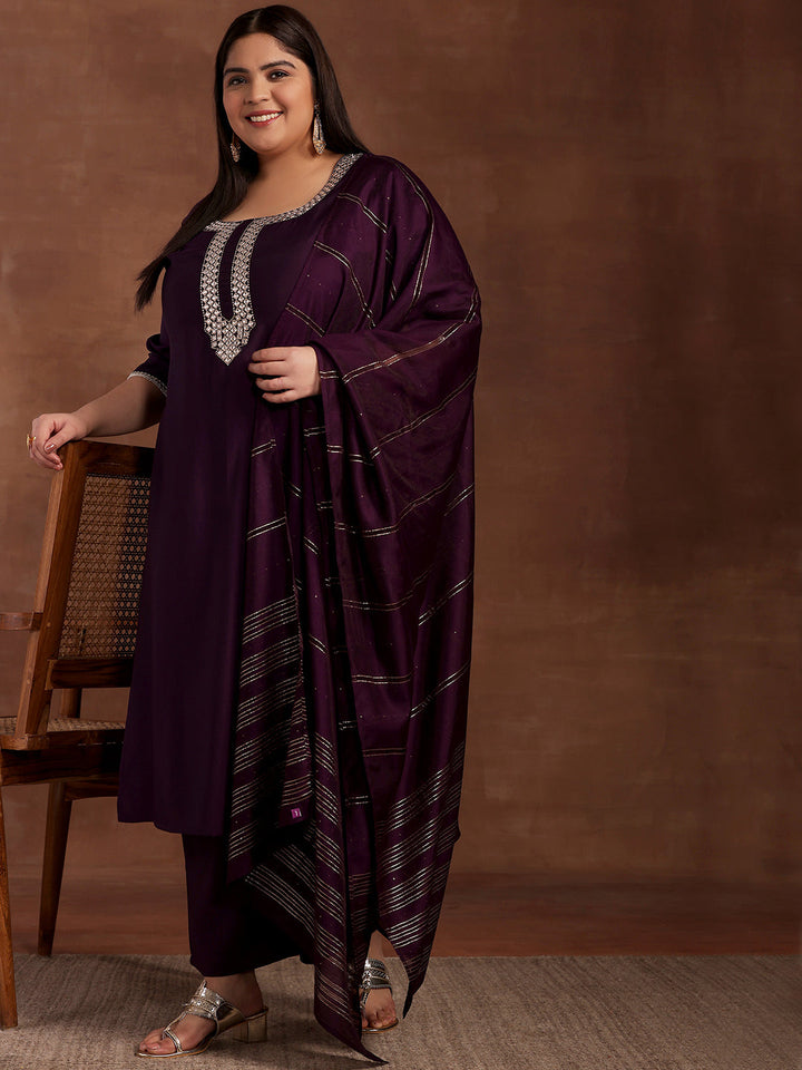Plus Size Purple Embroidered Silk Blend Straight Suit With Dupatta