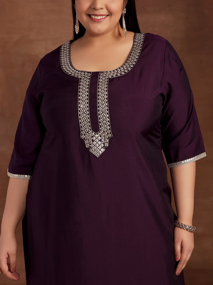 Plus Size Purple Embroidered Silk Blend Straight Suit With Dupatta