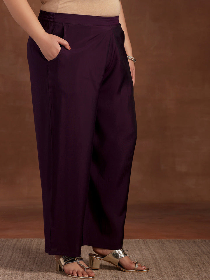 Plus Size Purple Embroidered Silk Blend Straight Suit With Dupatta