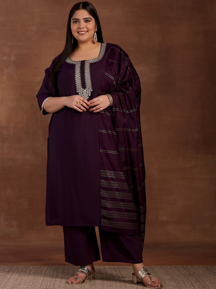 Plus Size Purple Embroidered Silk Blend Straight Suit With Dupatta