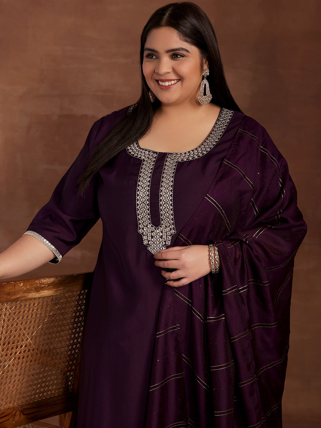 Plus Size Purple Embroidered Silk Blend Straight Suit With Dupatta
