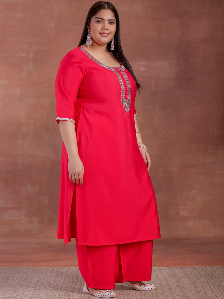 Plus Size Pink Embroidered Silk Blend Straight Suit With Dupatta