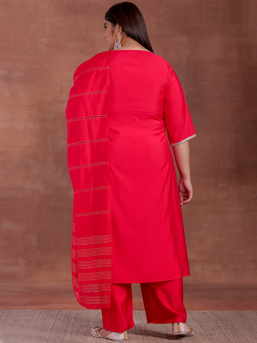 Plus Size Pink Embroidered Silk Blend Straight Suit With Dupatta