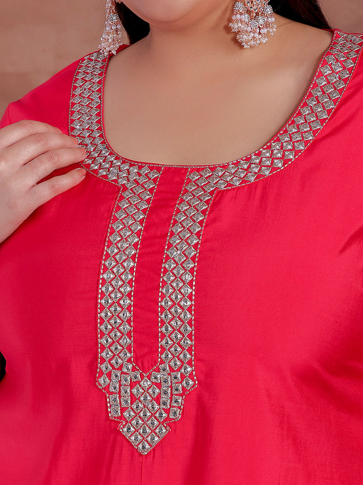 Plus Size Pink Embroidered Silk Blend Straight Suit With Dupatta