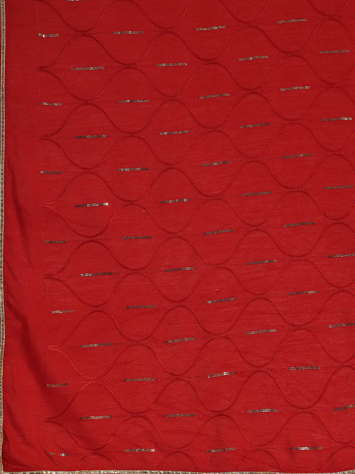 Plus Size Red Yoke Design Silk Blend Straight Suit With Dupatta