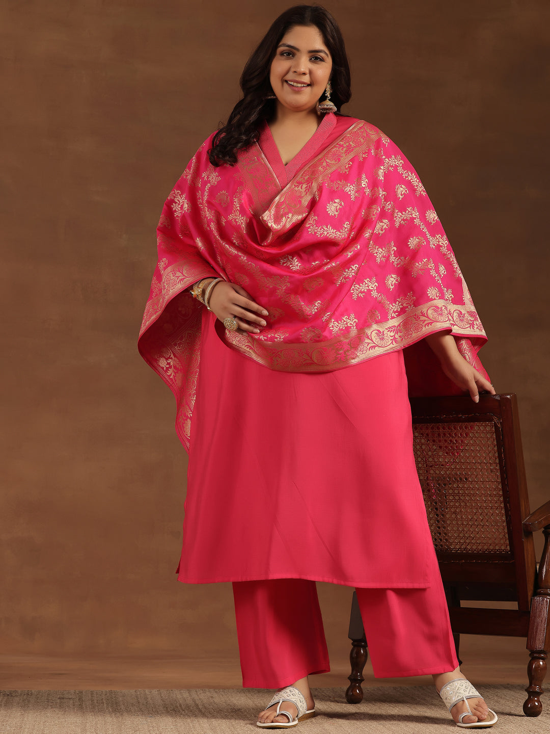 Plus Size Pink Solid Silk Blend Straight Suit With Dupatta