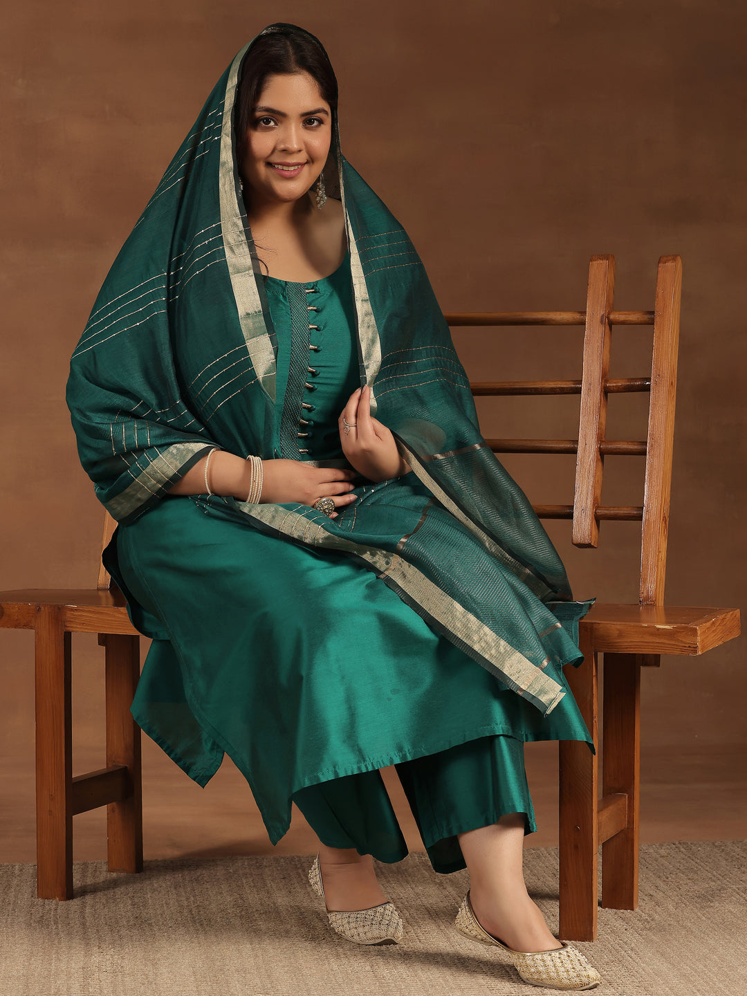 Plus Size Green Solid Silk Blend Straight Suit With Dupatta