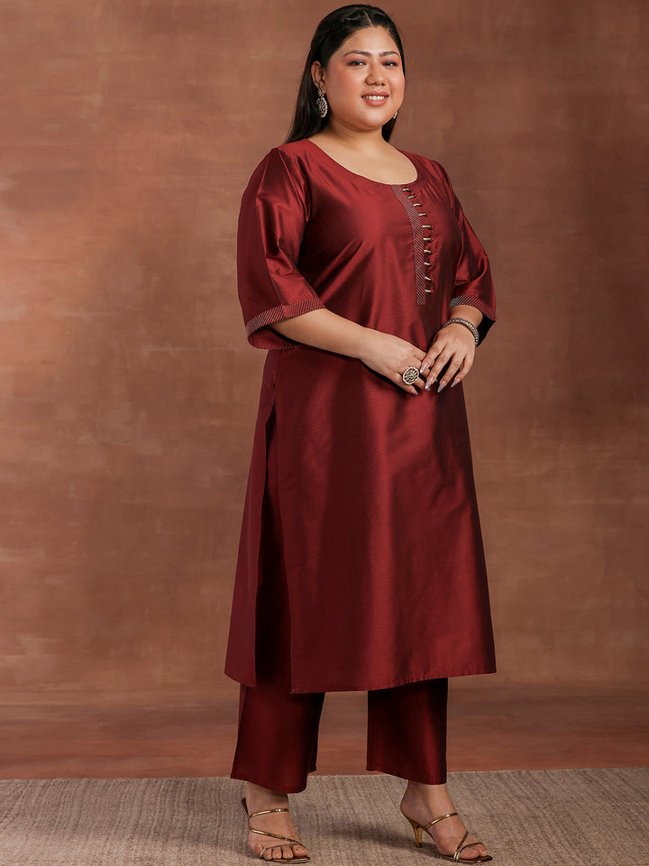 Plus Size Maroon Solid Silk Blend Straight Suit With Dupatta