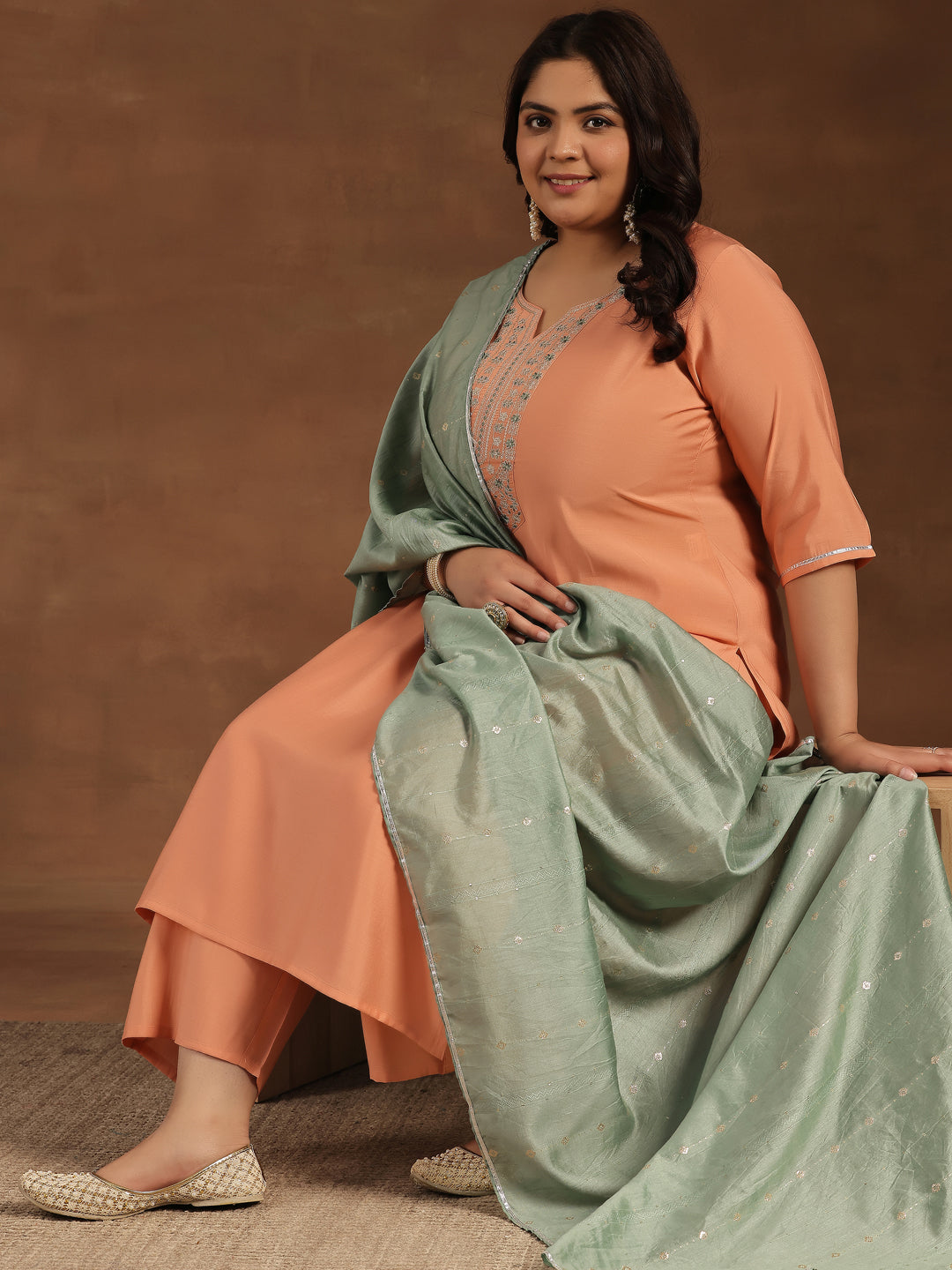 Plus Size Peach Yoke Design Silk Blend Straight Suit With Dupatta