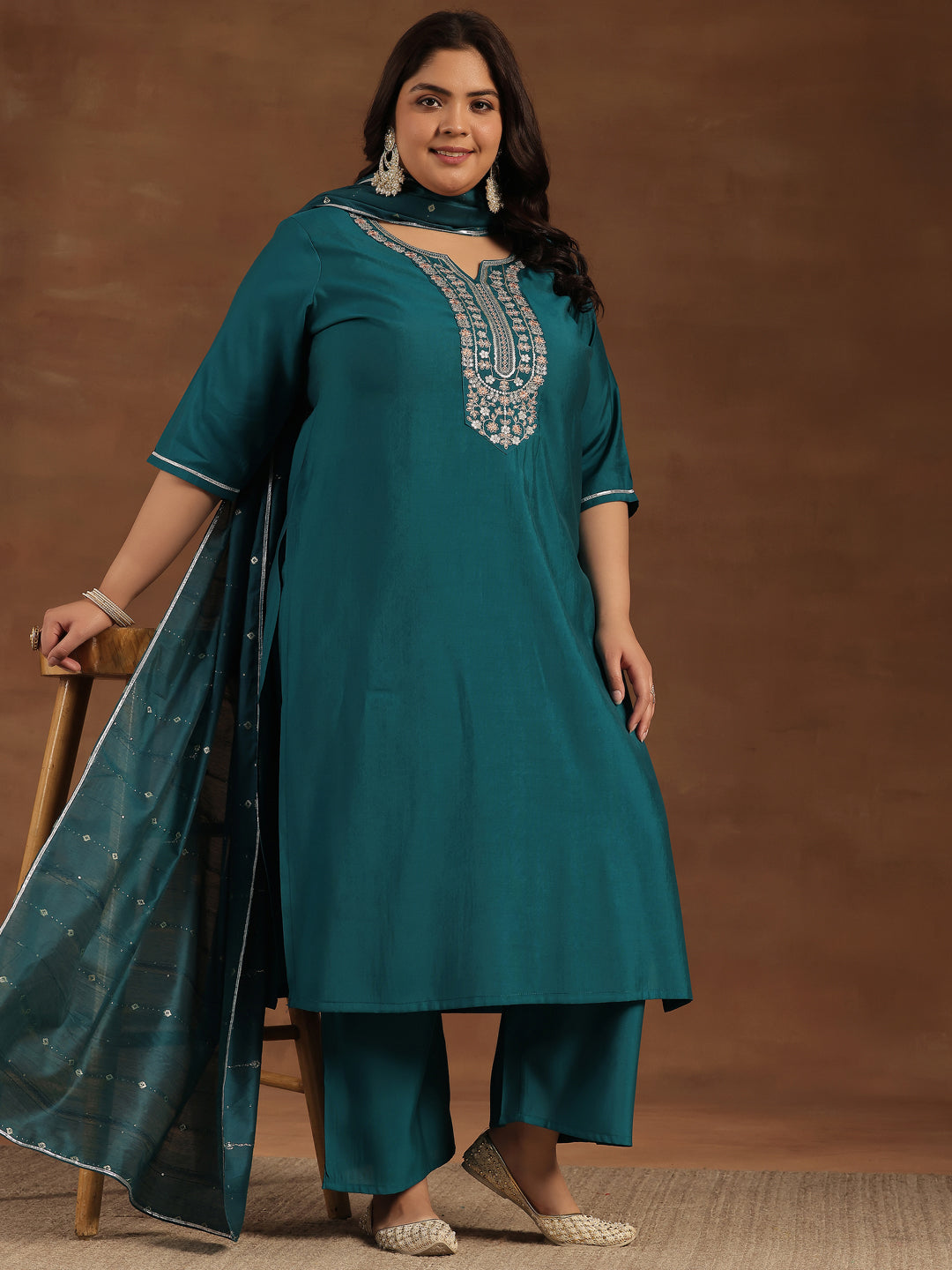 Plus Size Teal Yoke Design Silk Blend Straight Suit With Dupatta