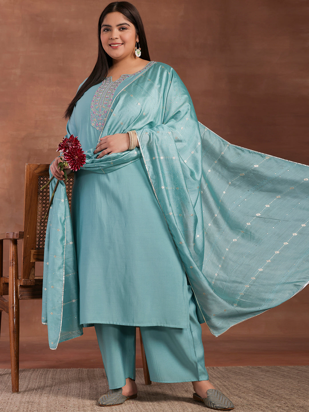 Plus Size Blue Yoke Design Silk Blend Straight Suit With Dupatta
