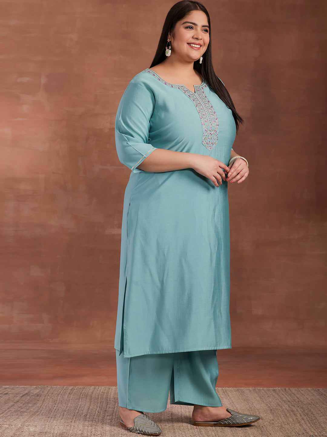 Plus Size Blue Yoke Design Silk Blend Straight Suit With Dupatta