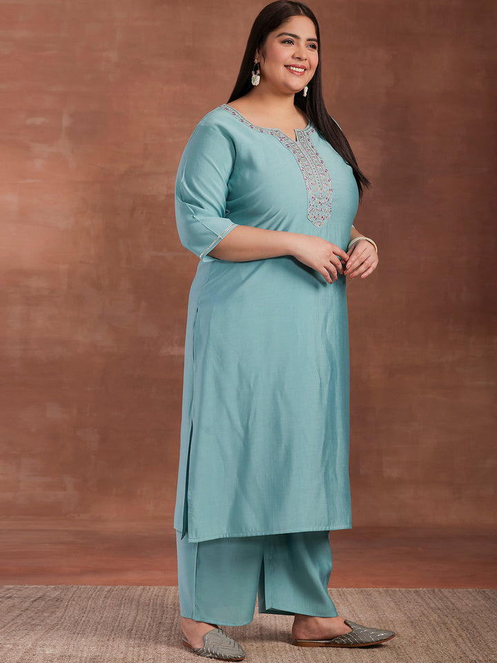 Plus Size Blue Yoke Design Silk Blend Straight Suit With Dupatta