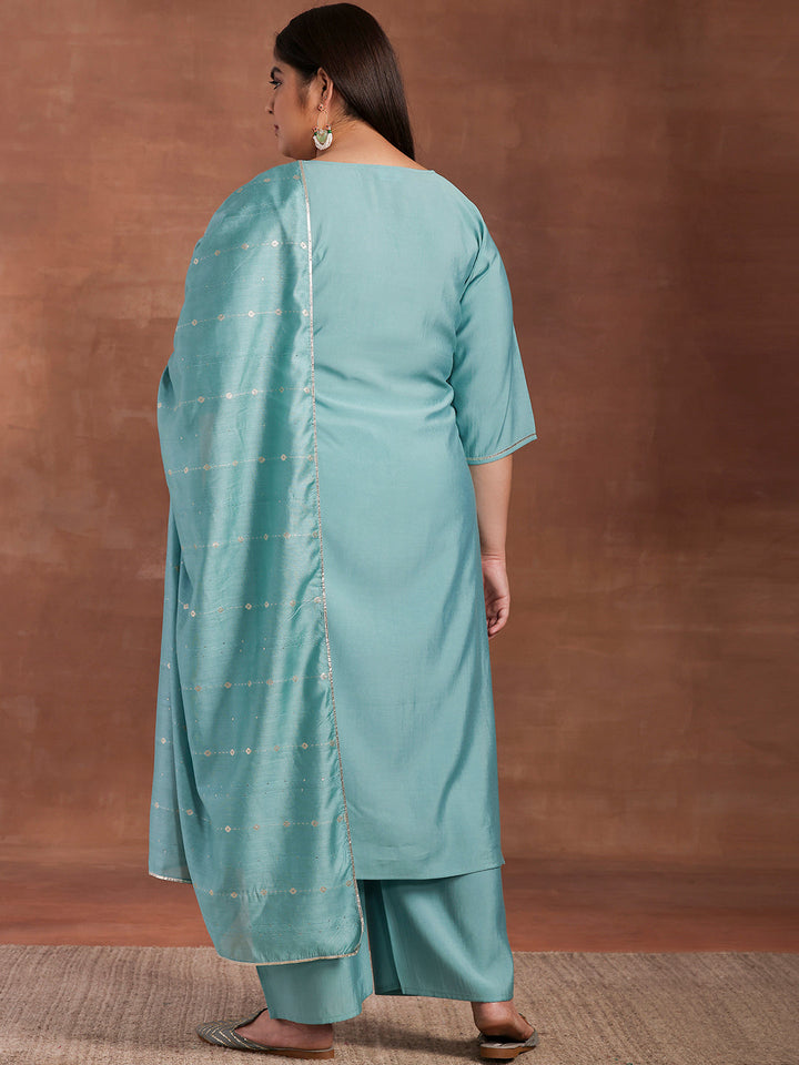 Plus Size Blue Yoke Design Silk Blend Straight Suit With Dupatta