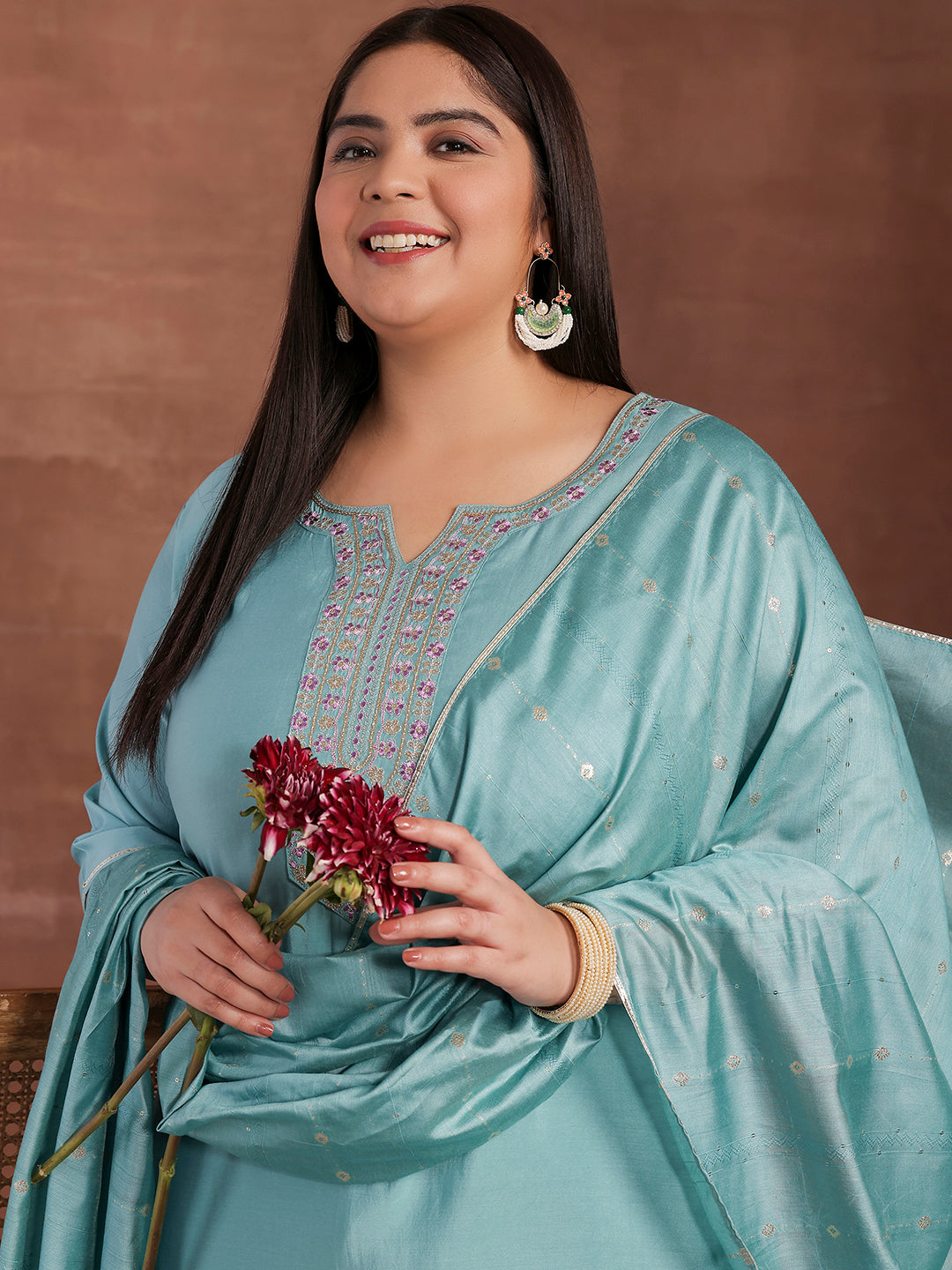 Plus Size Blue Yoke Design Silk Blend Straight Suit With Dupatta