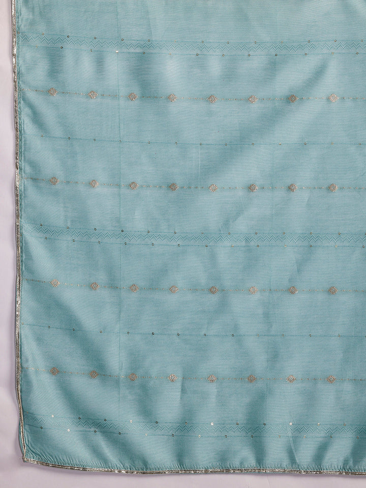 Plus Size Blue Yoke Design Silk Blend Straight Suit With Dupatta