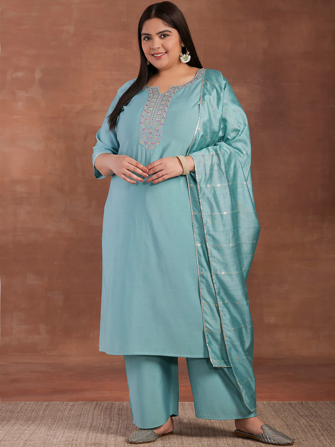 Plus Size Blue Yoke Design Silk Blend Straight Suit With Dupatta