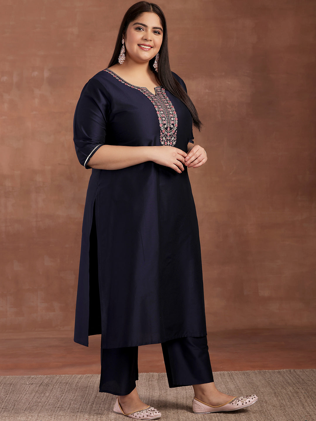 Plus Size Navy Blue Yoke Design Silk Blend Straight Suit With Dupatta