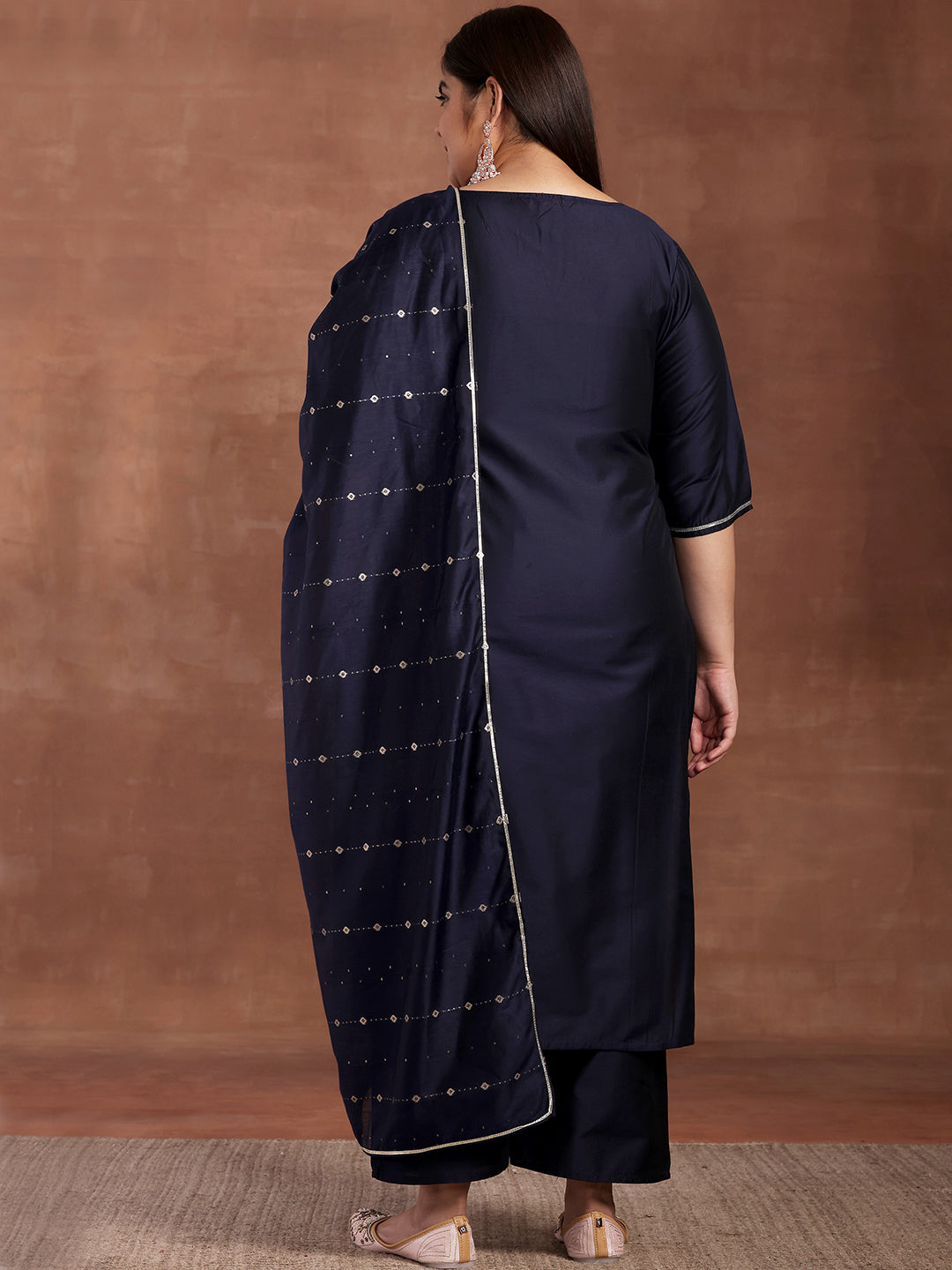 Plus Size Navy Blue Yoke Design Silk Blend Straight Suit With Dupatta