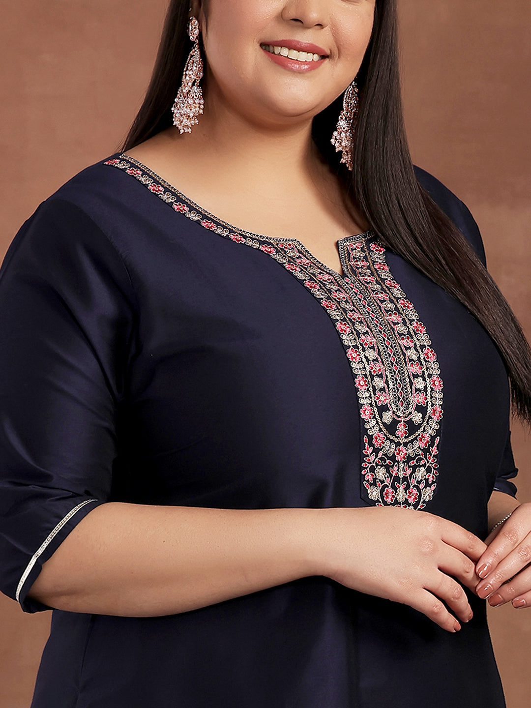Plus Size Navy Blue Yoke Design Silk Blend Straight Suit With Dupatta