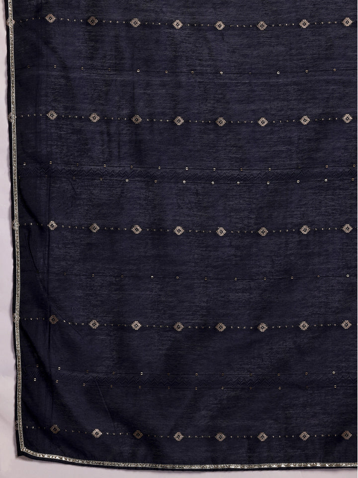 Plus Size Navy Blue Yoke Design Silk Blend Straight Suit With Dupatta