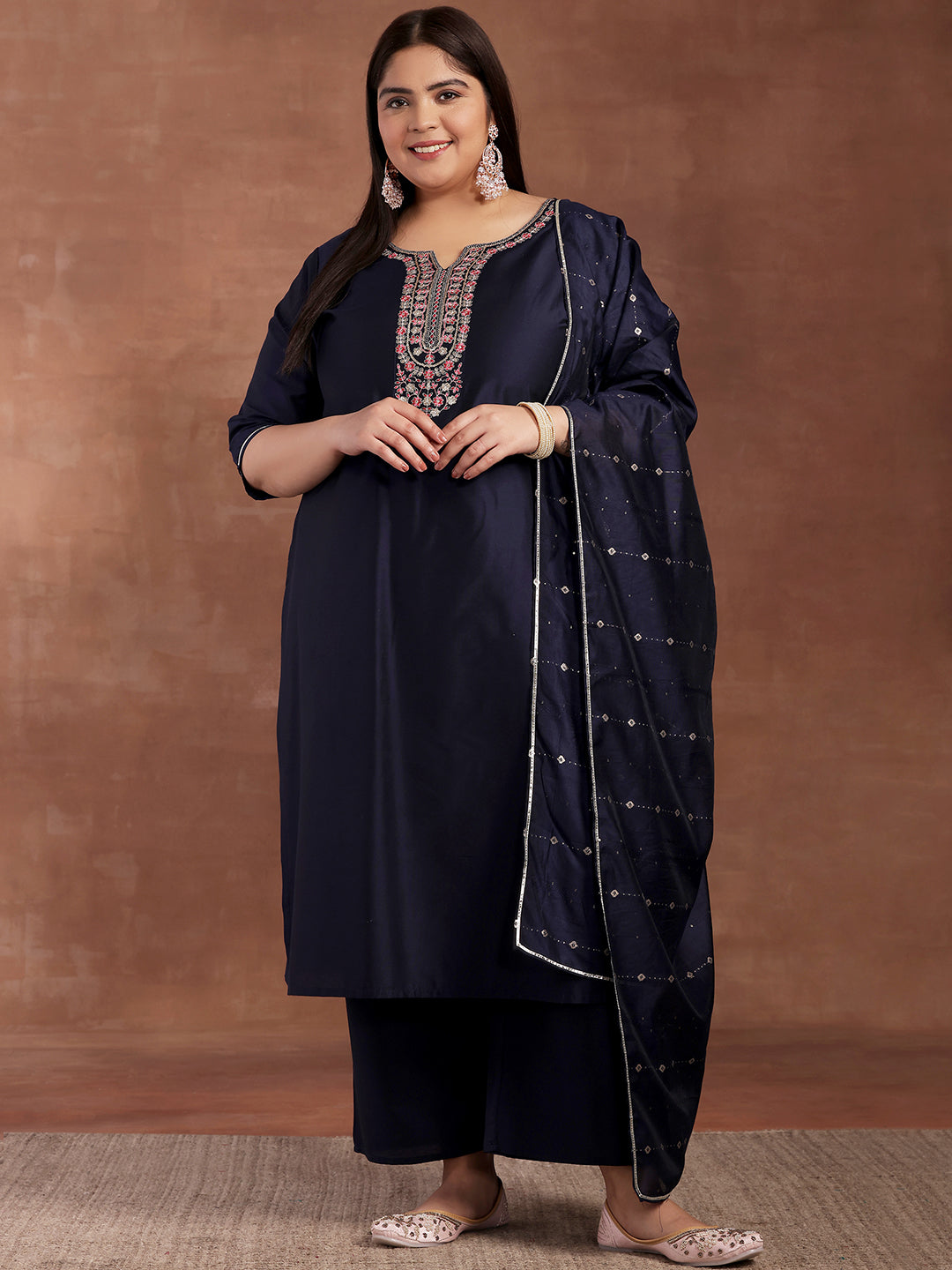 Plus Size Navy Blue Yoke Design Silk Blend Straight Suit With Dupatta