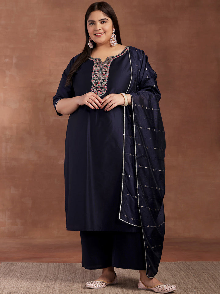 Plus Size Navy Blue Yoke Design Silk Blend Straight Suit With Dupatta
