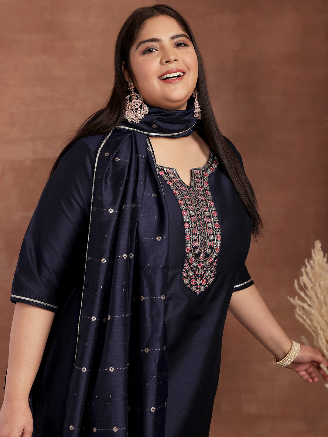 Plus Size Navy Blue Yoke Design Silk Blend Straight Suit With Dupatta