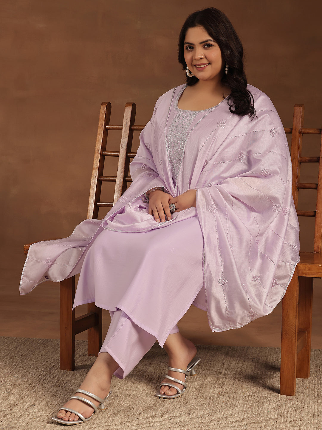 Plus Size Lavender Yoke Design Silk Blend Straight Suit With Dupatta