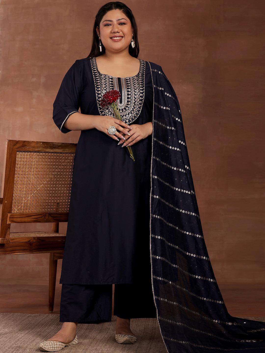 Plus Size Blue Yoke Design Silk Blend Straight Suit With Dupatta