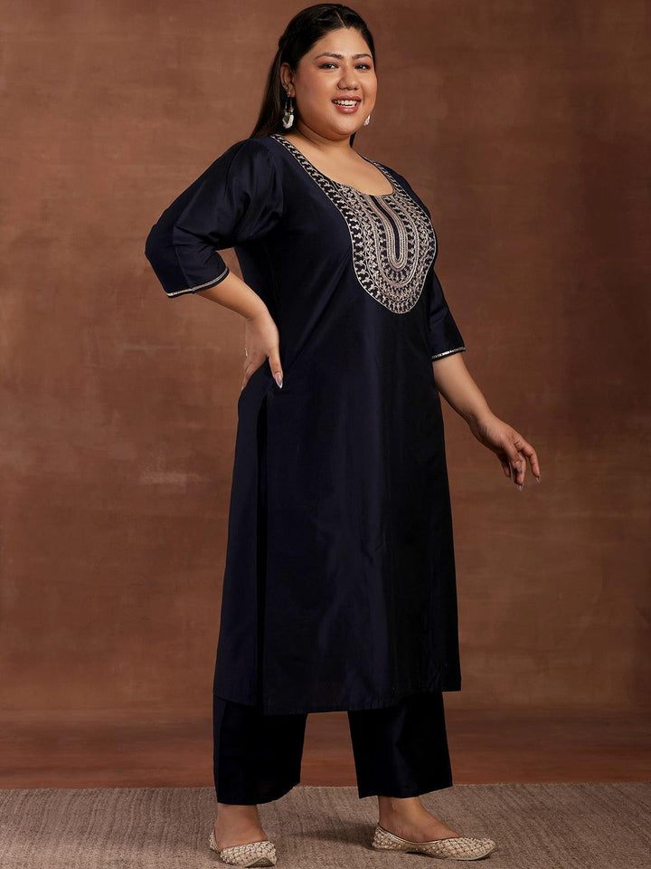Plus Size Blue Yoke Design Silk Blend Straight Suit With Dupatta