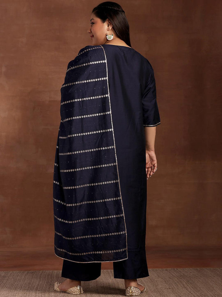 Plus Size Blue Yoke Design Silk Blend Straight Suit With Dupatta