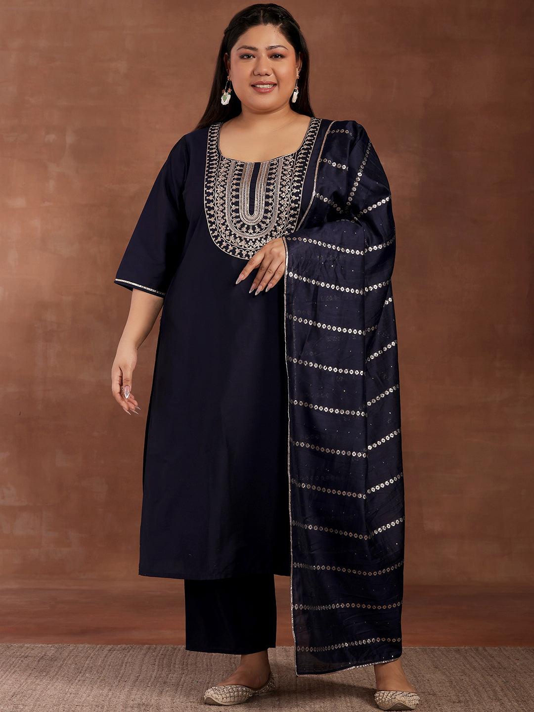Plus Size Blue Yoke Design Silk Blend Straight Suit With Dupatta