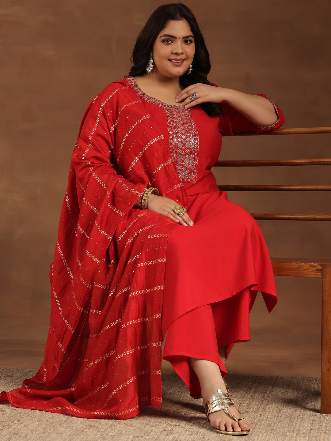 Plus Size Red Yoke Design Silk Blend Straight Suit With Dupatta