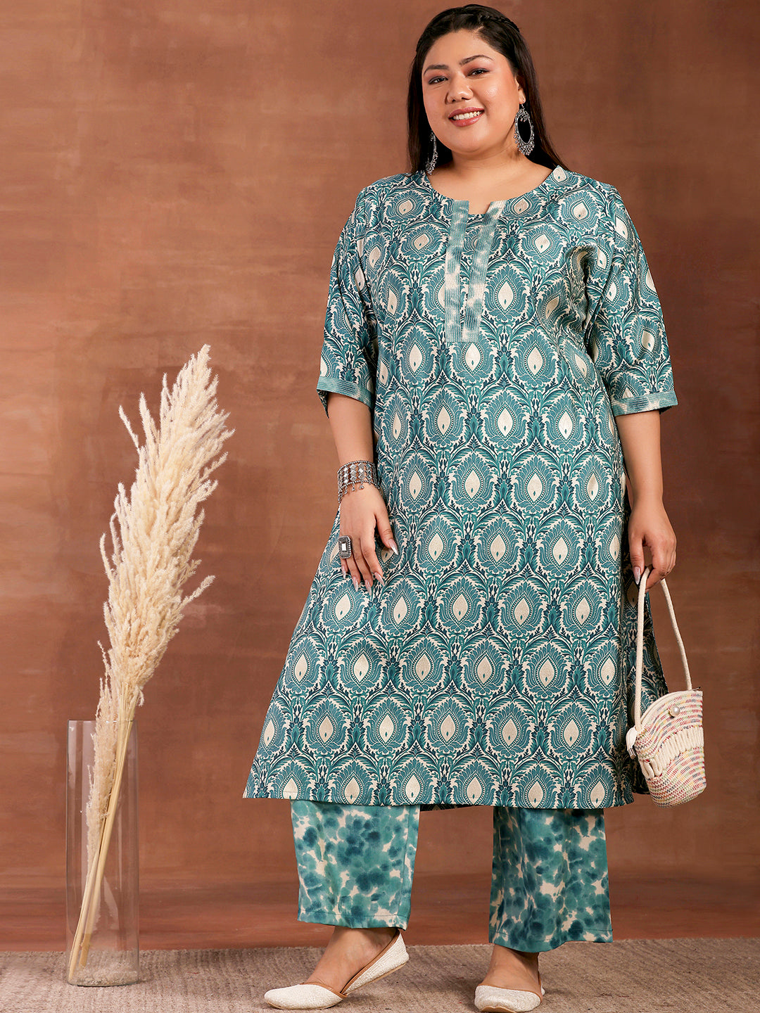 Plus Size Blue Printed Silk Blend Straight Kurta With Palazzos
