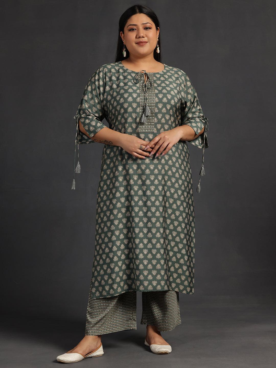 Plus Size Green Printed Silk Blend Straight Kurta Set