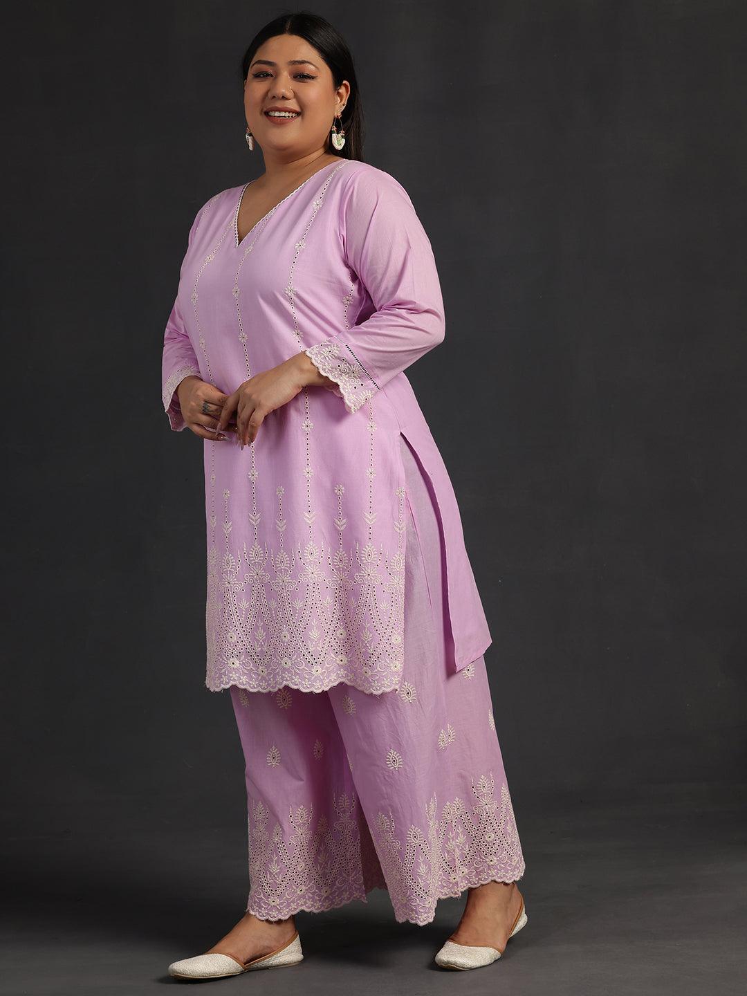 Plus Size Lavender Embroidered Cotton Co-Ords