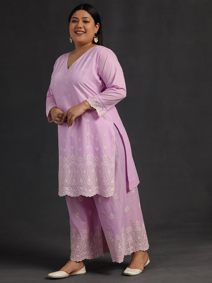 Plus Size Lavender Embroidered Cotton Co-Ords