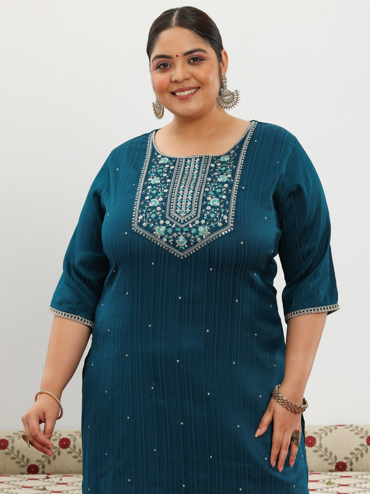 Plus Size Blue Embroidered Silk Blend Straight Kurta Set