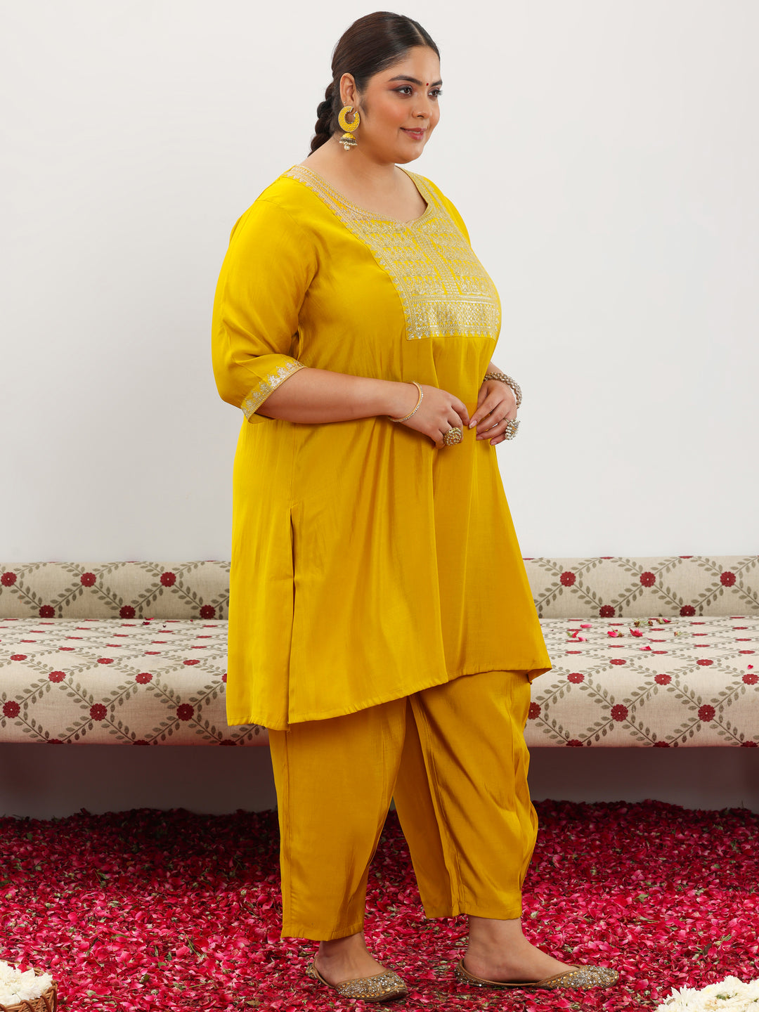 Plus Size Yellow Yoke Design Silk Blend Straight Suit With Dupatta