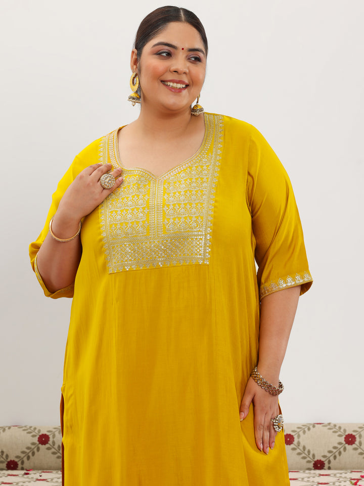 Plus Size Yellow Yoke Design Silk Blend Straight Suit With Dupatta