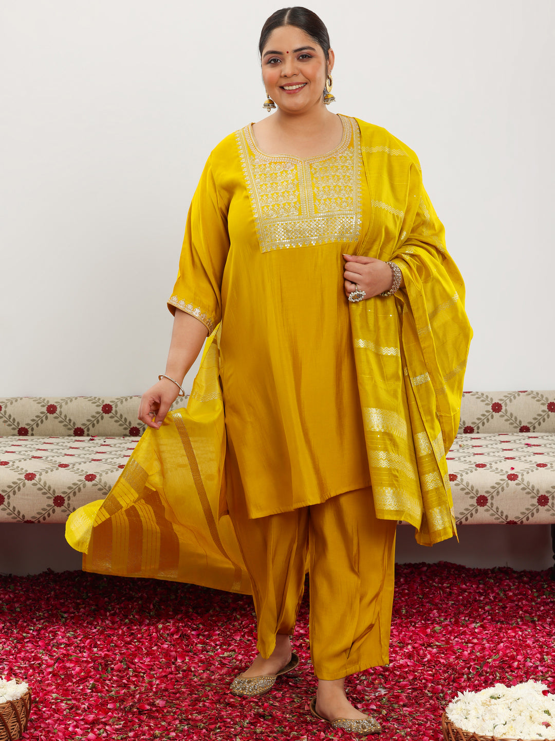 Plus Size Yellow Yoke Design Silk Blend Straight Suit With Dupatta
