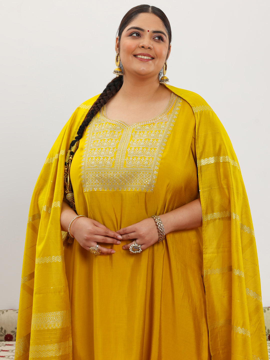 Plus Size Yellow Yoke Design Silk Blend Straight Suit With Dupatta