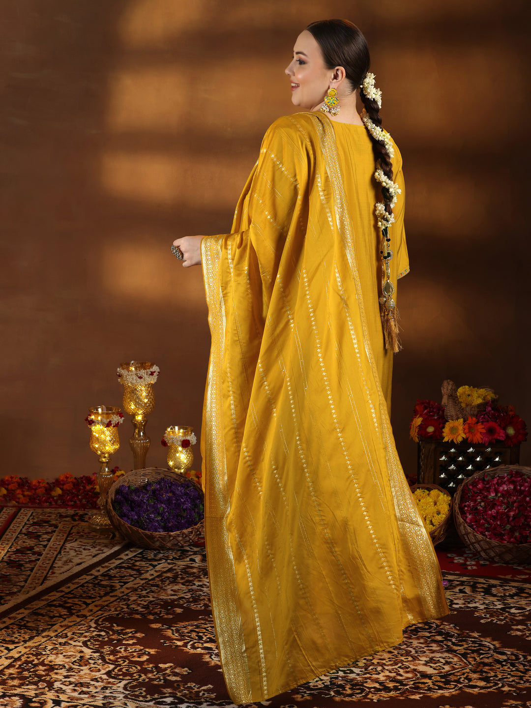 Plus Size Yellow Yoke Design Silk Blend Straight Suit With Dupatta