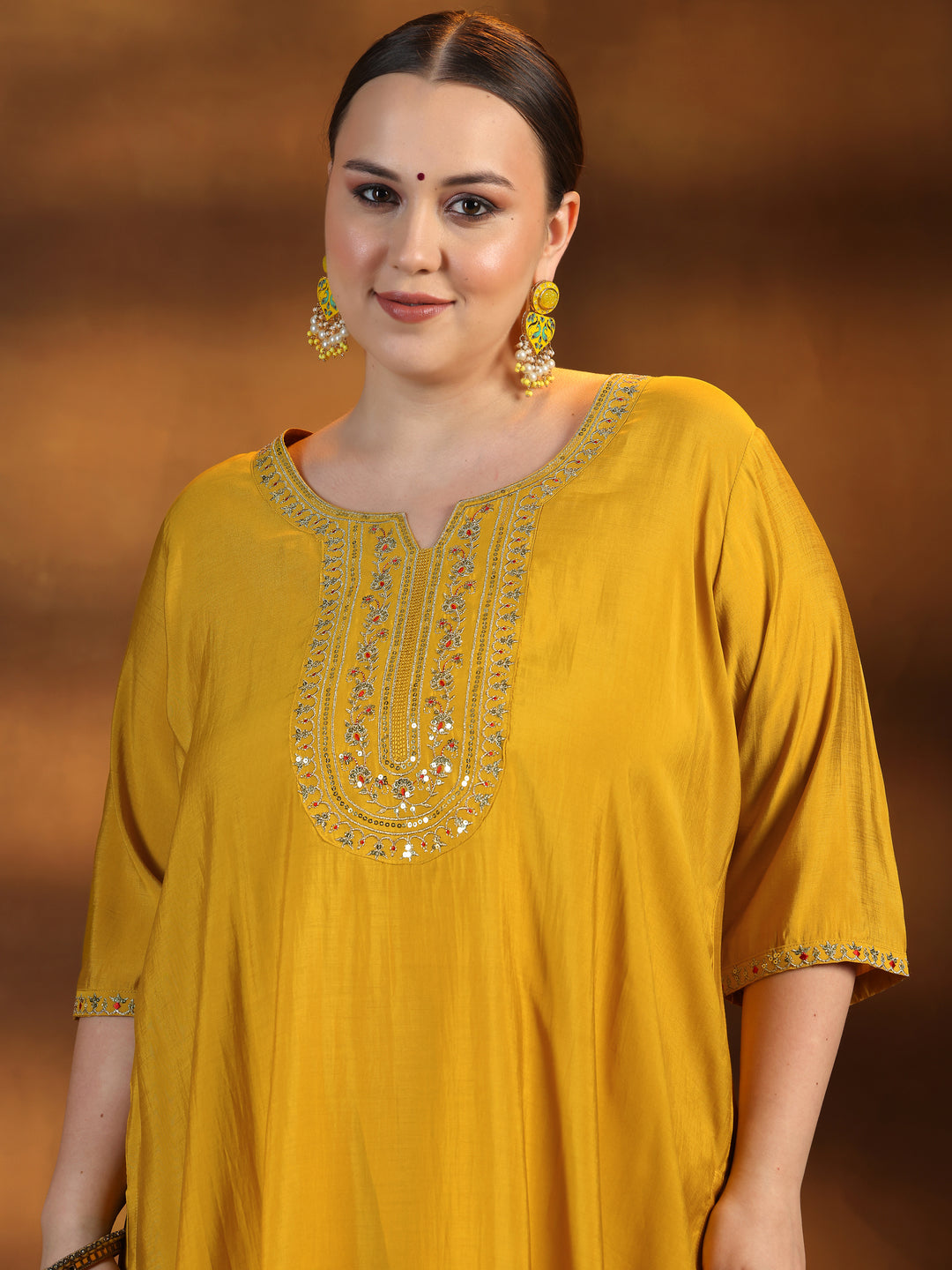 Plus Size Yellow Yoke Design Silk Blend Straight Suit With Dupatta